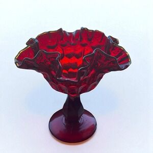 Fenton Glass Ruby Ruffled Thumbprint Pedestal Compote Hobnail Candy Dish Vintage